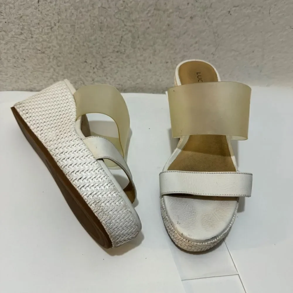 Lucky Brand Women's Brindia Wedge Sandal platform white/ clear sz 6